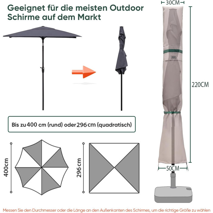 Чохол для садового парасоля Sekey: захисна накидка з вентиляційними отворами, 100% поліестер, водонепроникний, 220 x 30/50 см, хакі