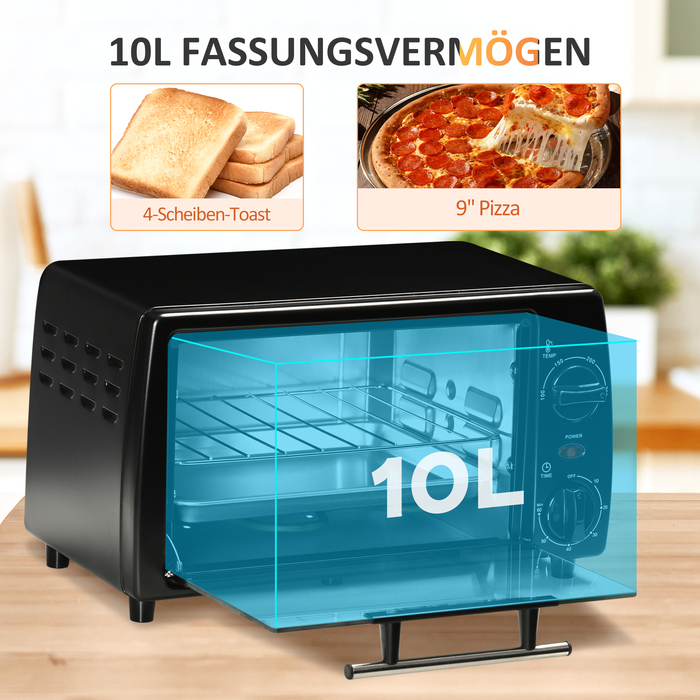 HOMCOM Міні-духовка 10 л, 750 Вт, до 230°C з таймером на 60 хв, мала електрична духовка, в комплекті з дека та решітки, розміри 36,5x26x22 см, чорна