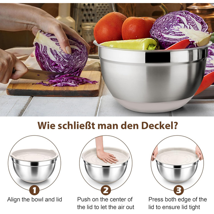 Набір мисок Herogo (6 шт.) з нержавіючої сталі з кришками, 6,7/3,3/2,5/1,5/1,2/0,7 л, для приготування їжі/випічки/зберігання, миюча посудомийна машина, кольору хакі