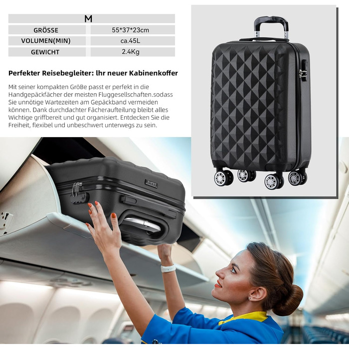 Чохол-валіза Beibye Zwillingsrollen 2066: ABS-пластик, коліщата-близнята, кодовий замок, подвійний замок-блискавка, стильна внутрішня обробка, чорний, M