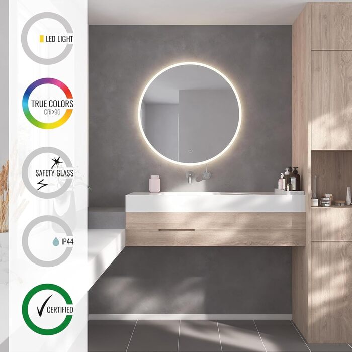 Дзеркало для ванної кімнати Loevschall Atlas з підсвічуванням, кругле, 60 см, без рами, сенсорне, LED-підсвічування, регулювання яскравості (80x80 см)