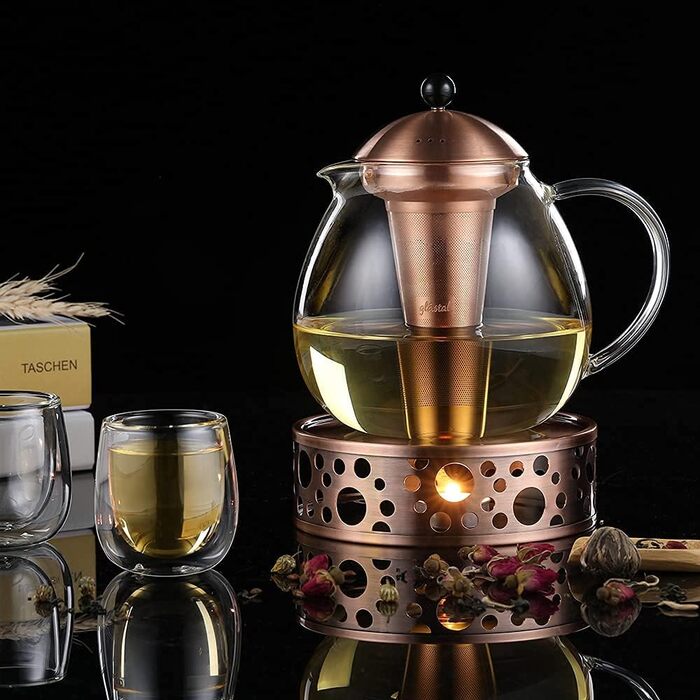 Скляний чайник зі срібними голосними 1500 мл із ситечком для чаю з нержавіючої сталі 18/8 Скляний чайник з боросилікатного скла Скляний чайник підходить для підігрівачів чаю (1500 мл бронзовий чайник типу 5 з нагрівачем)