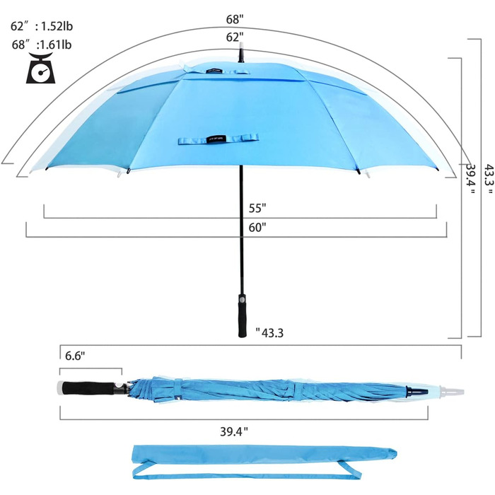 Велика парасолька для гольфу ZOMAKE XXL - штормонепроникна, автоматична, подвійний навіс, ремінь для перенесення, світло-блакитна (172см)
