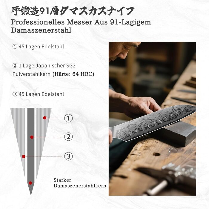SHAN ZU Ніж кухарський Damast 20 см, серія WHITE TIGER, з японської сталі SG2, ручка з акації, професійний ніж для кухні