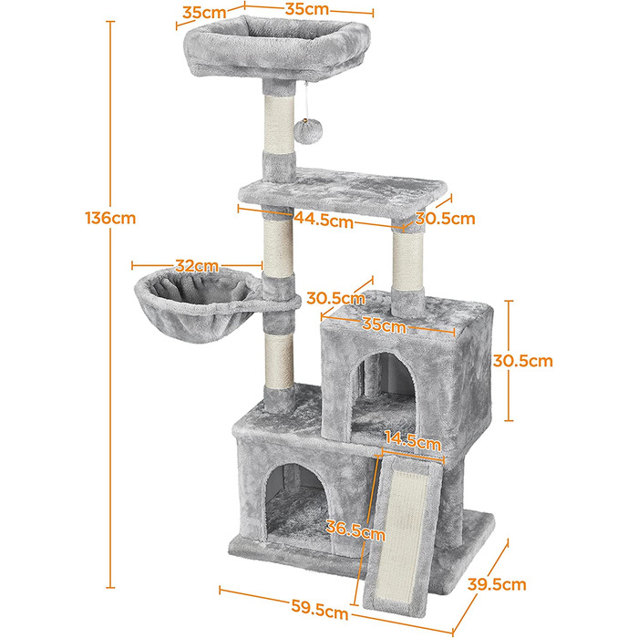Дерево для котячих кігтеток Yaheetech, 136 см, дерево для котячих кігтеток, з м'яким плюшем і сизалем, стійке дерево для лазіння по кішкам, сірий