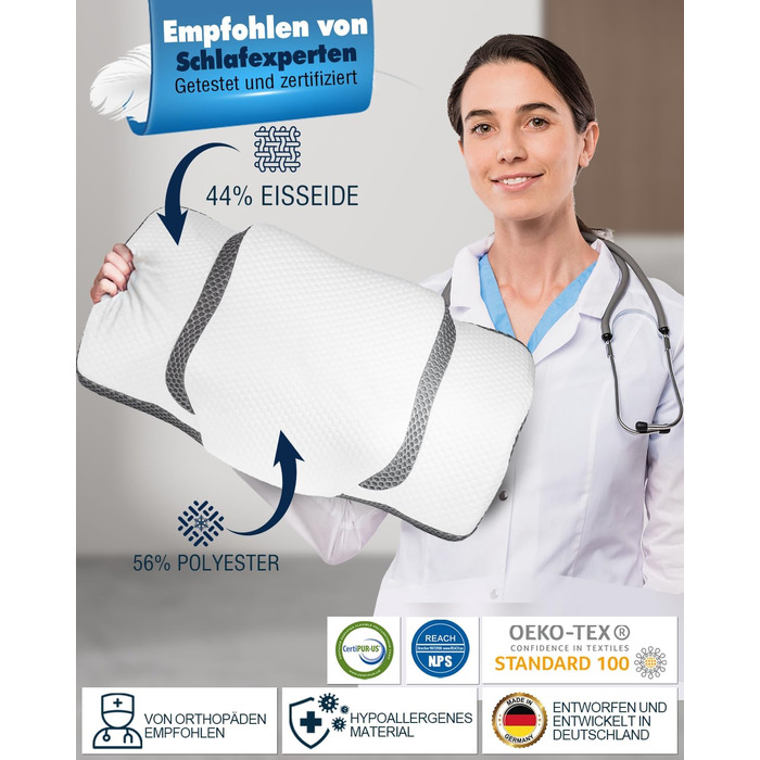 Ортопедична подушка IDEA, ергономічна подушка для шиї, подушка з memory foam, оригінальна для тих, хто спить на боці, на спині та на животі, подушка-підголівник для чоловіків та жінок (67.3 x 38.2 x 13.8/3 см)