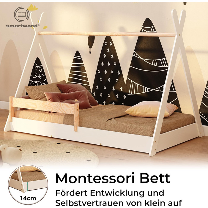 Дерев'яне ліжко-дитяча кімната Smartwood Hausbett: Монтессорі Тіпі з сосни з сертифікатом FSC, захист від падіння та ламелі до 230 кг, для хлопчиків та дівчаток, проста збірка (70x140, білий)