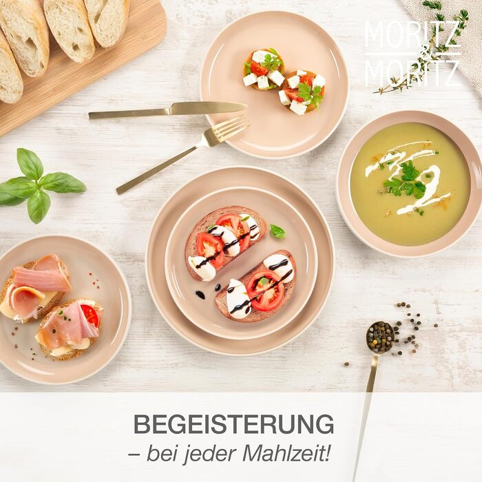 Набір посуду Moritz & Moritz Cavo Steingut на 6 осіб (18 предметів) - Сучасний сервіз з кераміки, комплект тарілок та мисок, кавовий сервіз (Колір: Мигдаль)