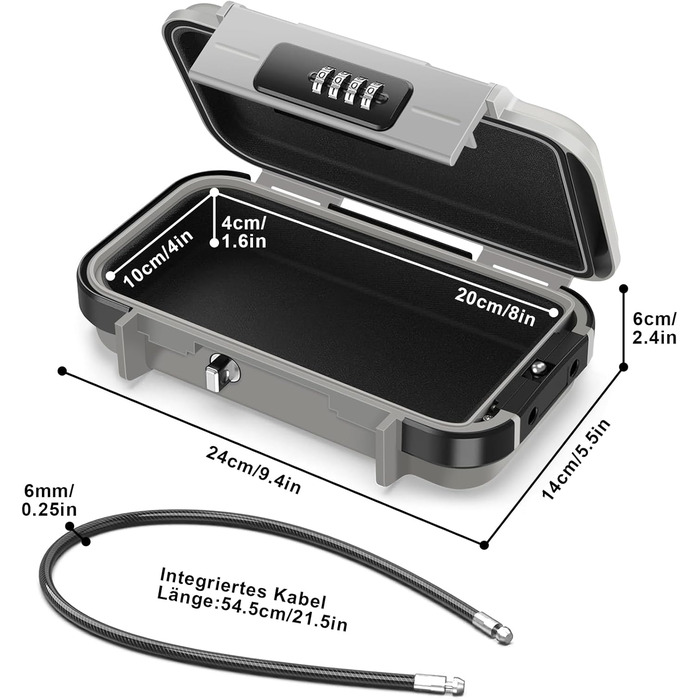 Портативний водонепроникний сейф з числовим кодом і дротяним тросом для подорожей, пляжу, кемпінгу, офісу (сірий)