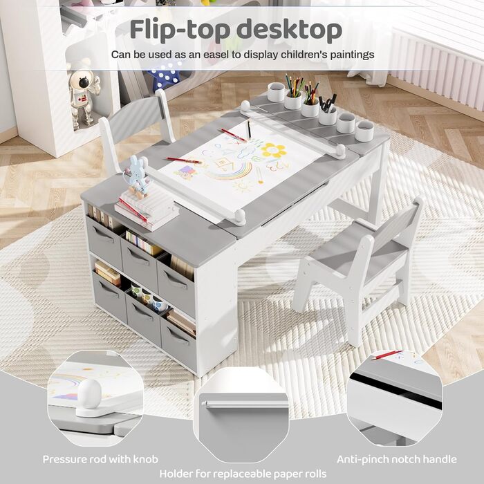 Дитячий стіл MAMIZO з 2 стільцями: дерев'яний стіл для ігор з місцем для зберігання, комплект меблів для дітей 3+ (сірий)