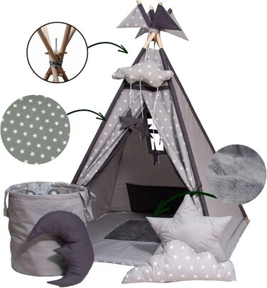 Намет-Тіпі для дітей з килимком, подушкою та м'ячами - ігровий намет у дитячу кімнату (Сірий)
