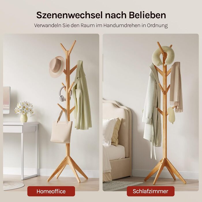 Вільхувана вішалка для одягу WOLTU з 8 гачками, 180 см, дерев'яна, настінна, для дому