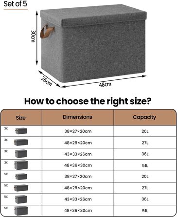 Коробки для зберігання Набір з 5 шт. , Коробка з кришкою, Тканинна коробка, Кошик для зберігання, Складна коробка, Куб для зберігання з ручками, Складна коробка, Для одягу Іграшок, сірий, 38x20x27 см, ABB01GBN-5 (51 л (5 шт. ))