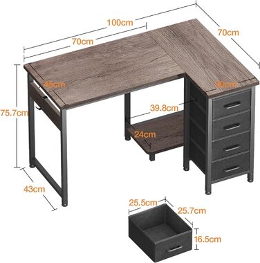 Комп'ютерний кутовий стіл Coleshome 120x70 см з 4 шухлядами, сірий, для офісу/кабінету/спальні