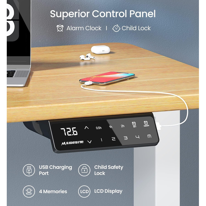 Електричний регульований стіл MAIDeSITe з 2 моторами, 4 пам'яттю та захистом від зіткнень (72-120 см, білий)