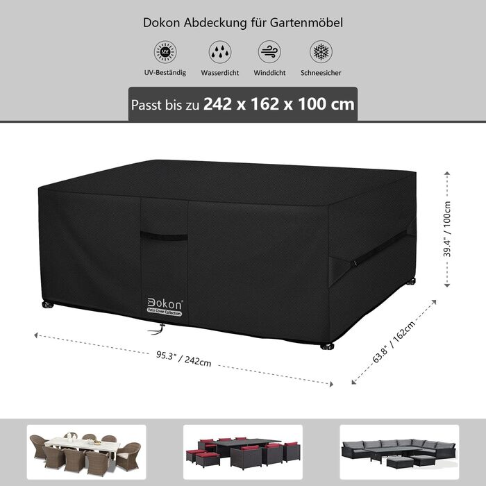 Водонепроникний чохол для садово-патіо меблів Dokon, 242x162x100 см, 420D Oxford, захист від сонця та пилу