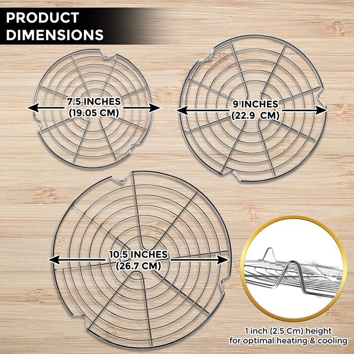 Кухонні приналежності, 3 упаковки, решітка для торта з нержавіючої сталі, 7,5, 9 і 10,5 дюймів, решітка для охолодження, решітка для торта, решітка з дротяної сітки для круглих тортів