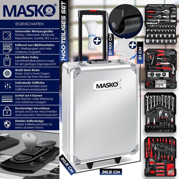 Набір інструментів MASKO 1400 предметів в алюмінієвому кейсі на колесах для дому, авто та хобі | Професійний інструментальний візок