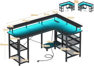 Ігровий стіл ODK з LED-підсвічуванням, 150x102 см, з 2 розетками та 2 USB-портами, кутовий, з підставкою для роутера, карбон, чорний