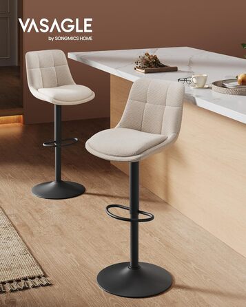 Барні стільці VASAGLE 2 шт., регульовані по висоті, обертаються, зі спинкою та підніжкою, для кухні, їдальні, бару, сталеві, LJB195G02 (кремово-білий, фланель)