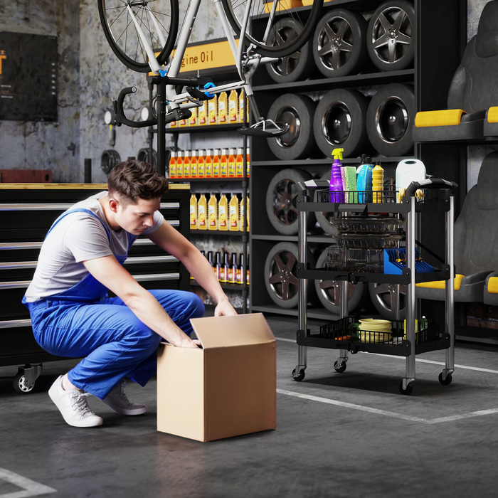 Інструментальний візок, складаний 3-ярусний, з пластиковим та сталевим корпусом, чорного кольору