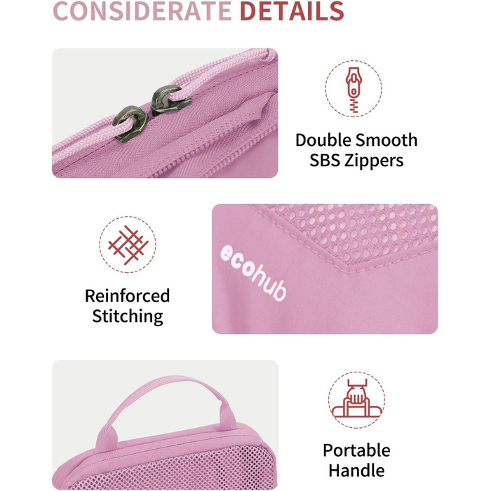 Набір органайзерів для валізи та рюкзака ECOHUB, 4 компресійні пакувальні куби з міцною сіткою та бирками, екологічні дорожні сумки для одягу (Рожевий)