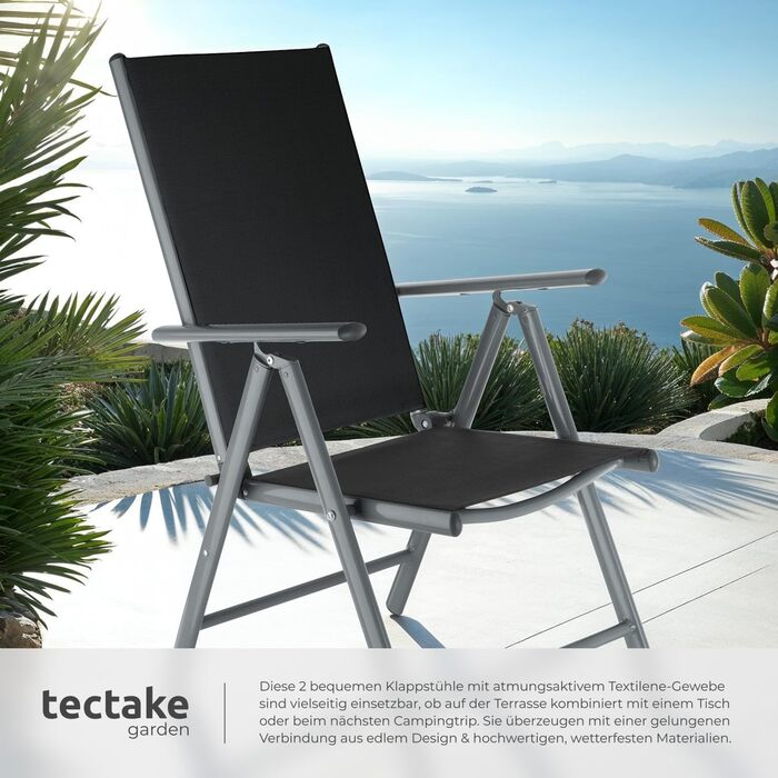 tectake® Алюмінієвий садовий стілець 2 шт, складаний, з високою спинкою, 7 положень нахилу, антрацит, комплект для саду, балкона, тераси