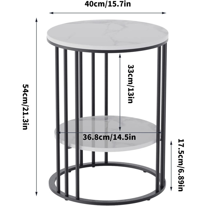 Столик FATIVO круглий мармур білий, 2 полиці, чорний залізний каркас - 404054см
