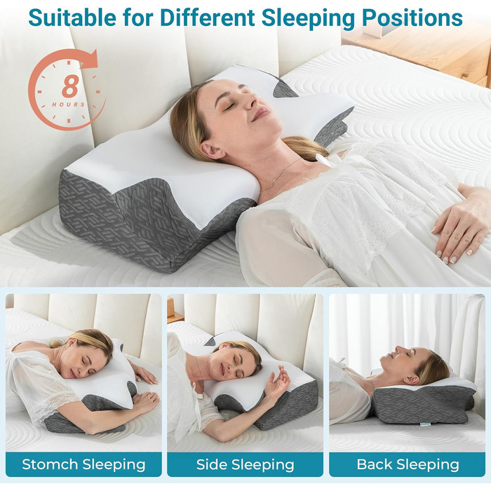Ортопедична подушка Elviros з Memory Foam, ергономічна підтримка шиї для тих, хто спить на боці, спині та животі, знімний чохол, темно-сіра