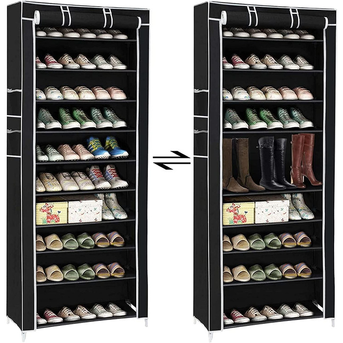 Рівнева полиця для взуття взуттєва шафа для зберігання взуття з пилозахисним покриттям підставка для взуття стійка для взуття на 27 пар взуття 58x28x158 см (чорний), 10-