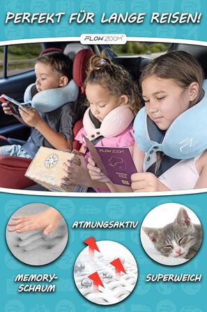 Подушка для шиї FlowZoom Comfy - для автомобіля та літака, з Memory Foam, регульована, 360° підтримка, дихаючий чохол, чорна (також є блакитна модель Comfy Kids S)