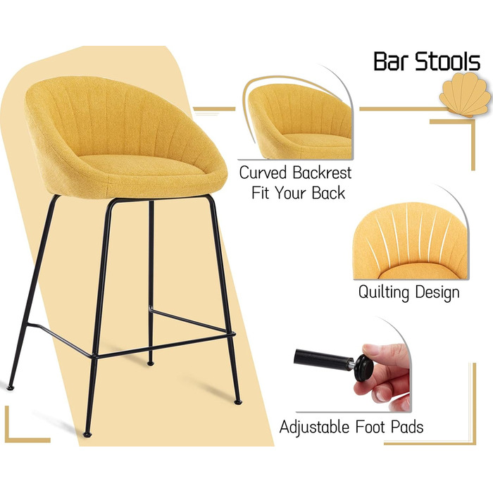 Набір з 2 барних стільців Chairus, жовті. Металевий каркас, льонова оббивка. Для кухні, дому, барної стійки.