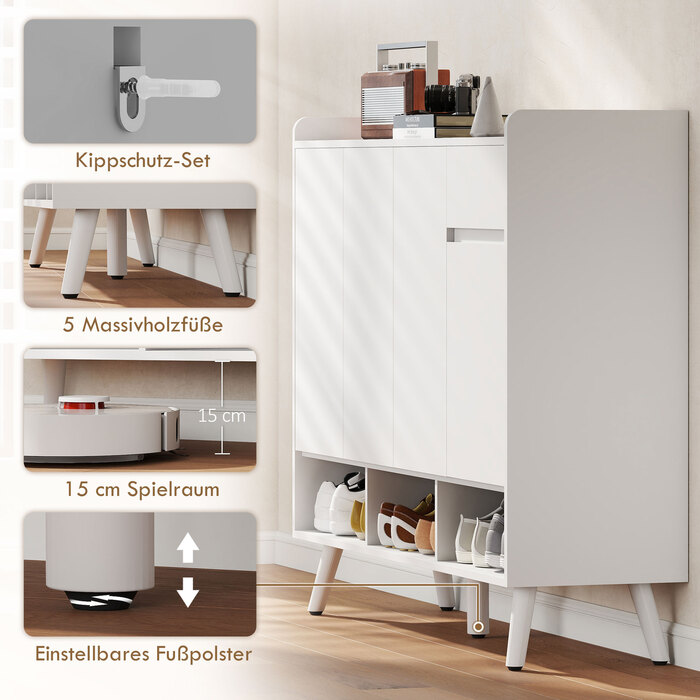 Шафа для взуття HOMCOM з безручковим дизайном, 4 дверцятами, 4 регульованими полицями, окремо стояча полиця для взуття на 5 дерев'яних ніжках, дерево, білий