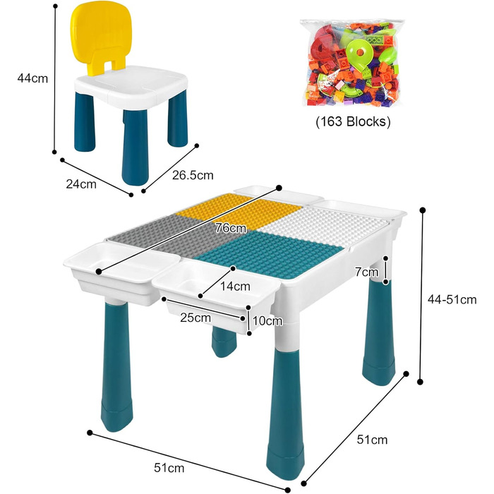 Дитячий стіл зі стільцями з регулюванням висоти AufuN, ігровий стіл з будівельних блоків 6 в 1, 163 шт. и блоки, 515151см