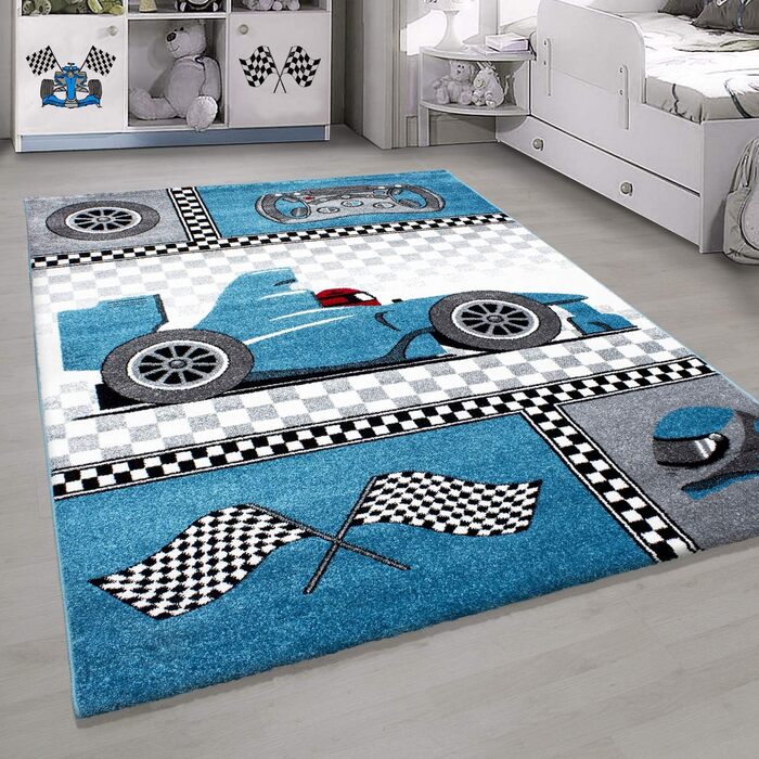 Домашній дитячий килим з коротким ворсом дизайн гоночного автомобіля Формула 1 дитяча ігрова кімната дитяча кімната висота ворсу 11 мм М'який прямокутний бігун колір розмір (200x290 см, синій)