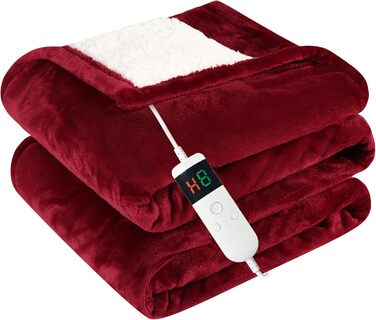 Електрична гріюча ковдра з автовимкненням, 130x180 см, 10 режимів нагріву, таймер 8 годин, захист від перегріву, фланель, машинне прання, для дому та офісу, червона, 130 x 180 см