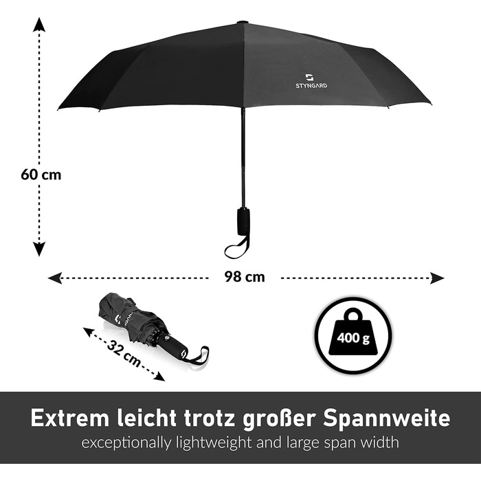 Складна парасолька STYNGARD Stormproof 140 км/год - відкриття-закриття-автомат, тефлонове покриття, коротка ручка, чорний
