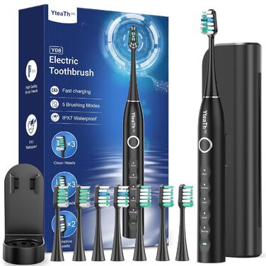 Електрична зубна щітка зі звуковими вібраціями, 8 насадок, 5 режимів, таймер, акумулятор 120 днів, для дорослих, чорний колір, заряджна станція