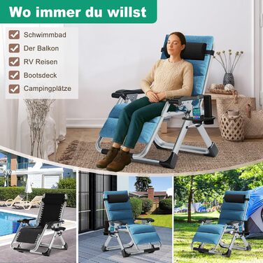 Шезлонг для відпочинку, розкладний, 200 кг, Zero Gravity, з подушкою, підстаканником, широкий, регульований, для саду, патіо, пляжу, басейну (блакитний)