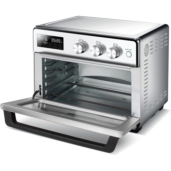 TurboTronic Цифровий конвекційний духовий шафа XXL 32 літри з поворотним шампуром для курки 5-в-1, міні-духовка, сушарка та фритюрниця Airfryer від 25°C, сріблястий