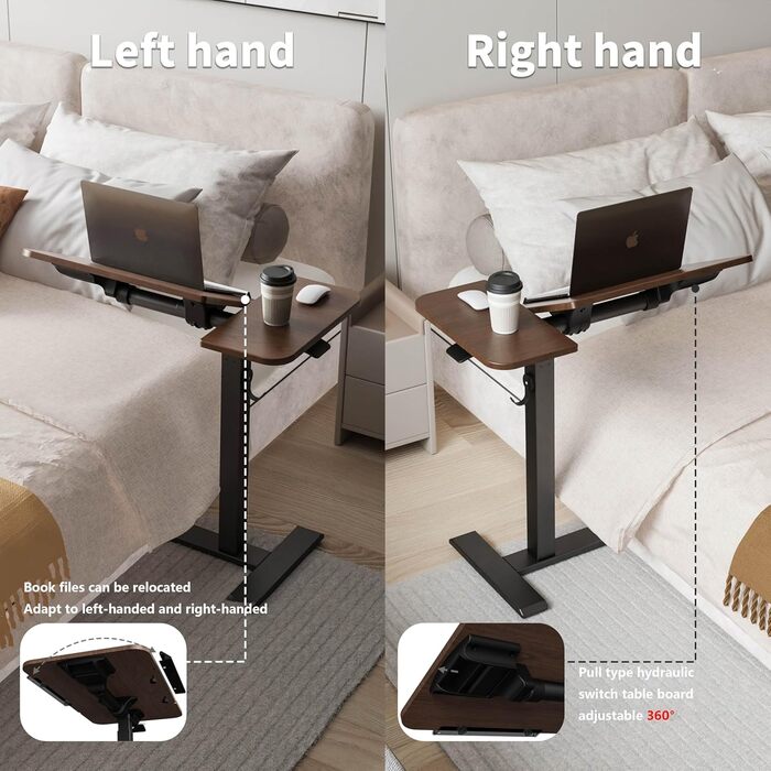 Регульований столик для ноутбука ETHU: мобільний приліжкові столи з нахиленою поверхнею та роликами для офісу та дому (дуб, горіх)