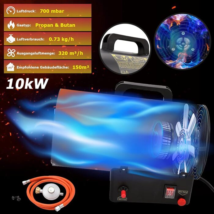 Газовий нагрівач для приміщень Ikodm 10kW 220V: газовий нагрівач, газовий обігрівач, газовий нагрівач-вентилятор, пропановий нагрівач, 320 м³/год, з газовим шлангом 1,2м та редуктором 700 мбар