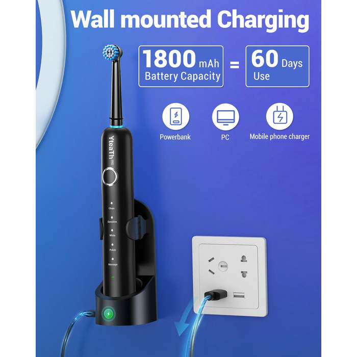 Електрична зубна щітка ротаційного типу для дорослих та дітей з 8 насадок, зарядний станція з кріпленням на стіну, 5 режимів чищення та дорожній футляр, 60 днів роботи від акумулятора, чорний