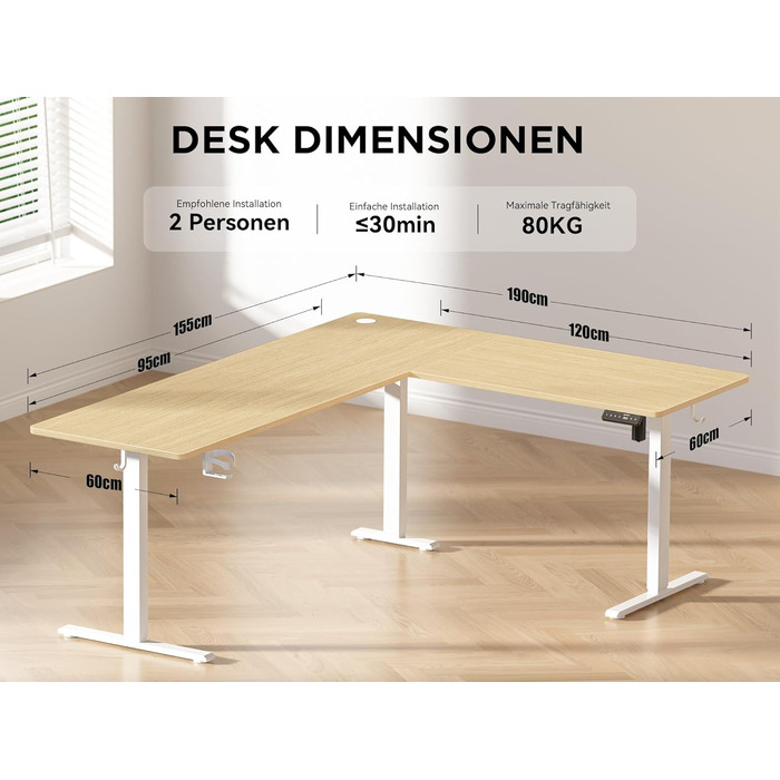 Електричний кутовий стіл WALKINGDESK 190 x 150 см з регулюванням висоти, для офісу, дому, геймінгу, з кабелеуправлінням, колір дуб