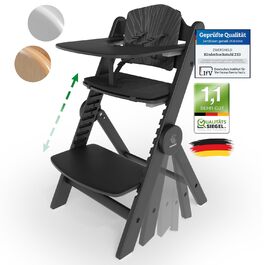Дитячий стільчик ZWERGHELD® ZS3 Premium - з регулюванням, складний, росте разом з дитиною. Підходить для дітей від 6 місяців до 90 кг, з підносом. Дерев'яний дитячий стільчик (натуральний колір) білий-натуральний (pearl-black)