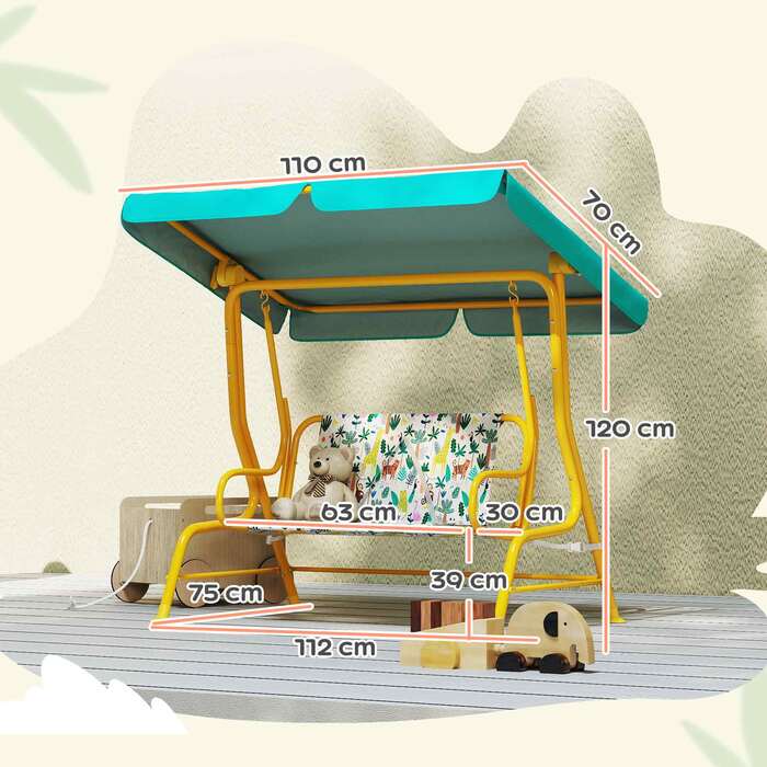 Дитяча гойдалка-шезлонг на 2 місця з регульованим сонцезахистом та ременем безпеки для дітей 3-6 років вагою до 60 кг, розміром 112x75x120 см, колір - зелений