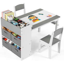 Дитячий стіл Mamizо з 2 стільцями, стіл для малювання та рукоділля, комплект меблів у дитячу кімнату, ігровий стіл з місцем для зберігання для дітей від 3 років (сірий, білий)