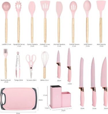 Набір кухонних ножів EliteHoff 19 предметів: 5 ножів, 12 аксесуарів, дошка та підставка – з нержавіючої сталі, з дерев'яними ручками, безпечний, для кухні, чорний (E-6072)