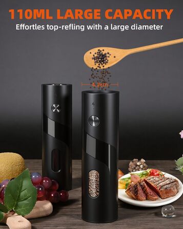 Електричний набір для солі та перцю з зарядною станцією, об'єм 110 мл, перезаряджувана млинка для солі з 5 рівнями, керамічна млинка з щіткою, 2 шт., чорний