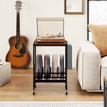 COSTWAY Регулятор для платівки, полиця для платівок з місцем для зберігання вінілу та журналів, підставка для платівок з фіксуючими колесами, приліжкова тумбочка для вітальні, спальні (колір: коричневий)